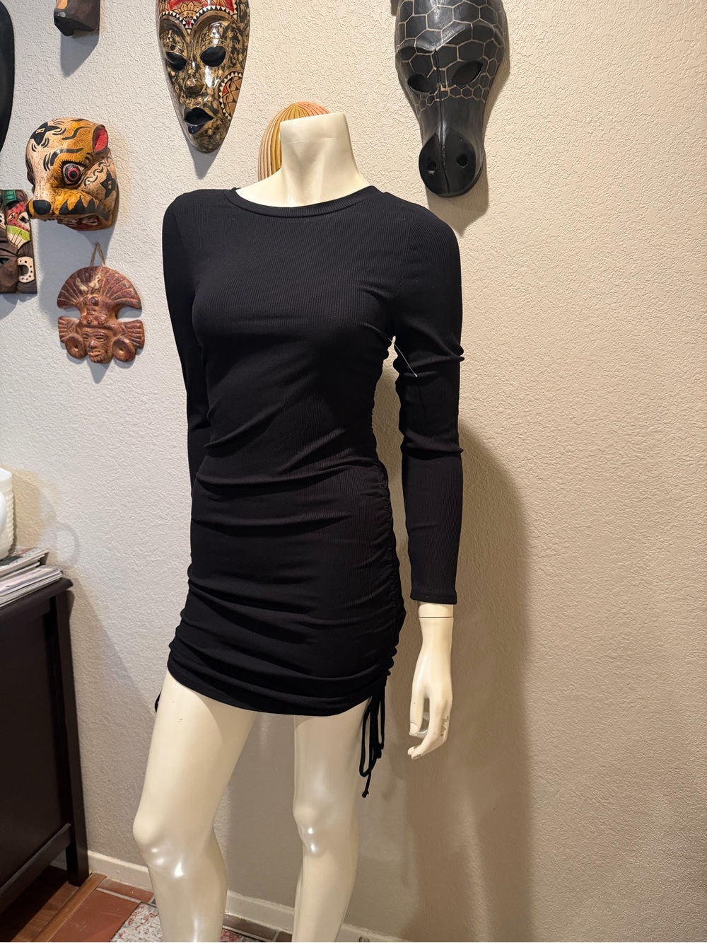 NWT BB Dakota by Steve Madden Black Ribbed Ruched Bodycon Mini Dress